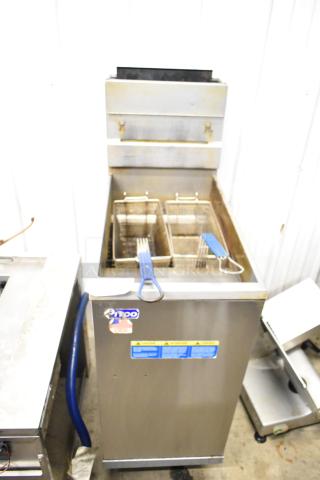 Pitco Frialator 40D commercial fryer, natural gas, 107,000 BTU, two fry baskets, floor style, metallic finish, good condition.