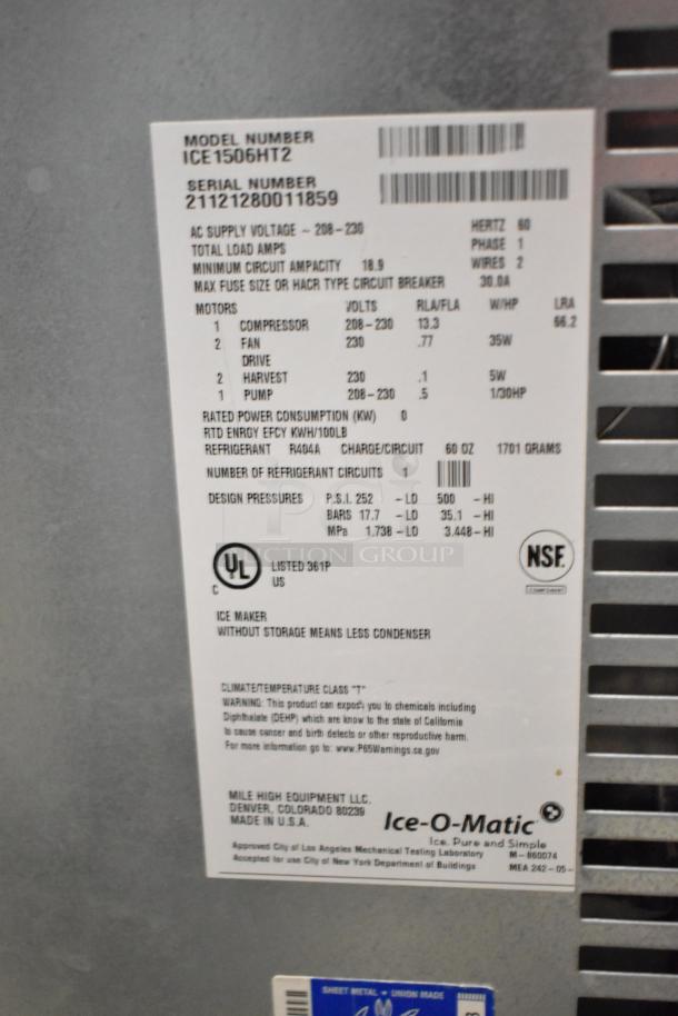 2021 Ice-O-Matic ICE1506HT2 commercial ice head, 208-230V, 1 phase, model label visible with technical specs.