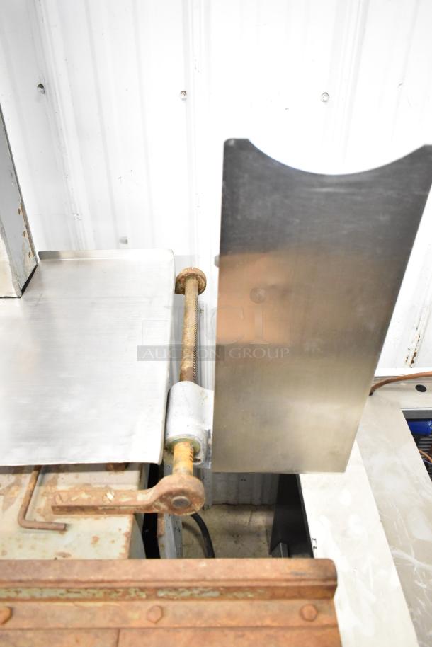 Hobart Commercial Floor Style Meat Saw, stainless steel, visible rust on components, used condition, ideal for heavy-duty use.