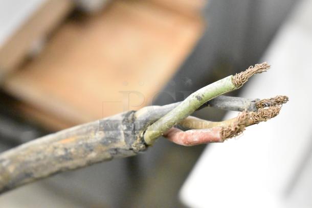 Damaged wiring of a Hobart Commercial Floor Style Meat Saw. Frayed ends indicate the need for repair.