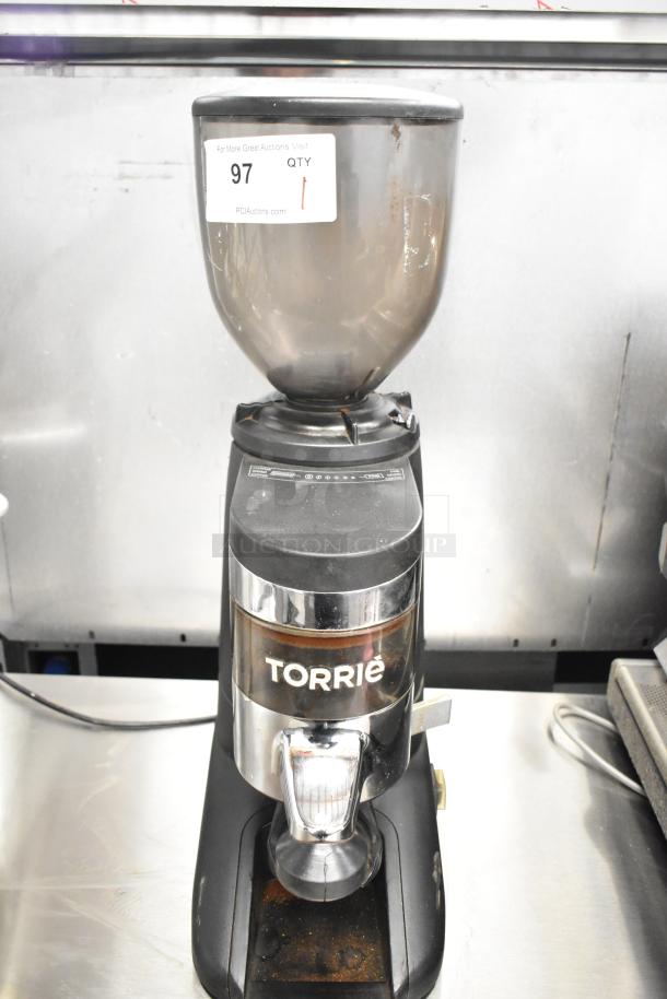 2017 Torrie Moinho D64-E-PR-D espresso grinder, commercial countertop model, 115V, used condition, visible wear on base.