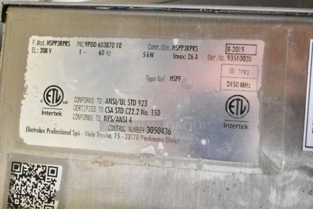 2019 Electrolux HSPP3BPRS Panini Press label, 208V, 1 Phase, 5kW; ETL certified to ANSI/UL STD 923. Serial No. 93510020.