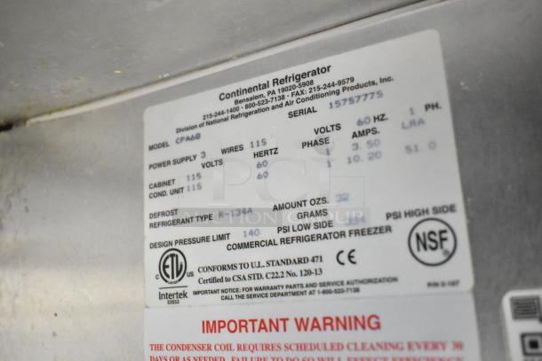 Continental CPA68 commercial pizza prep table label showing model, voltage, and certification details.