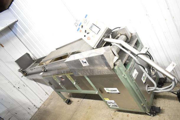 Lenin gas-powered chip fryer conveyor machine, 220,000 BTU, commercial casters, stainless steel build, excellent condition.