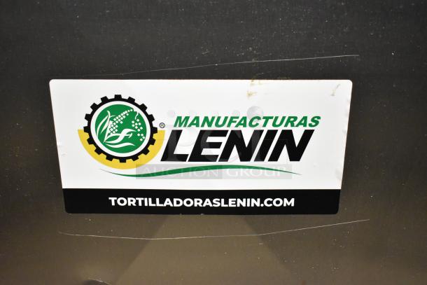 Lenin gas-powered chip fryer conveyor machine on casters, 220,000 BTU, features sturdy metal build, branded label visible.