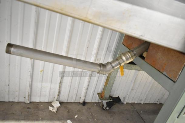 Lenin commercial gas-powered chip fryer conveyor machine, 220,000 BTU, on casters; shown with metal pipe and valve connection.