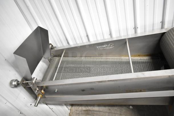 Lenin gas-powered chip fryer conveyor, commercial floor style, 220,000 BTU, on casters, stainless steel, used.