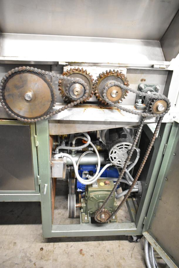 Lenin gas-powered chip fryer conveyor machine, 220,000 BTU, shown with chain drive and motor components, on commercial casters.