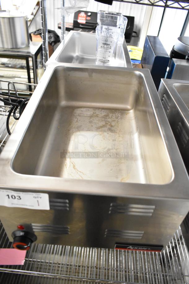 2025 Adcraft FW-1200W Food Warmer, stainless steel, used, 120V, 1 phase, temperature dial, visible wear, auction tag.