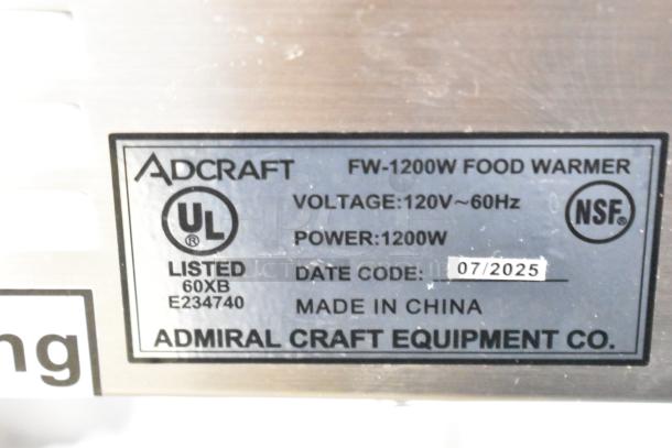 Adcraft FW-1200W Commercial Food Warmer, 120V, 1200W. Stainless steel, UL listed, NSF approved. Made in China.