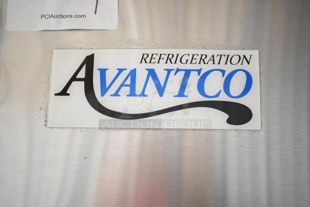 "Avantco logo on silver finish of 2022 Avantco 178A19FHC Commercial Single Door Reach In Freezer, 115V, 1 Phase."