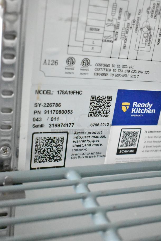 2022 Avantco 178A19FHC Commercial Single Door Reach In Freezer, 115V, 1 Phase. Features visible labels and QR codes.