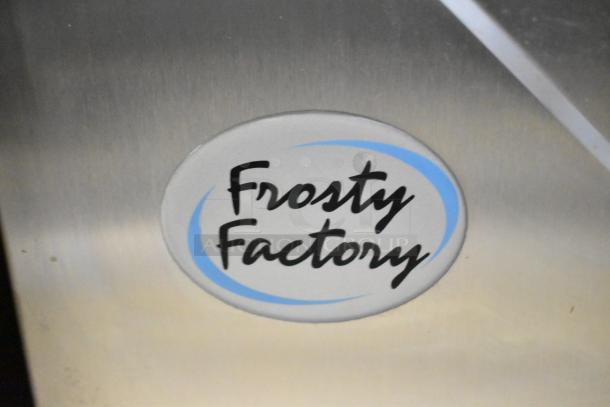 Frosty Factory 232W commercial frozen cocktail machine label close-up on stainless steel surface.