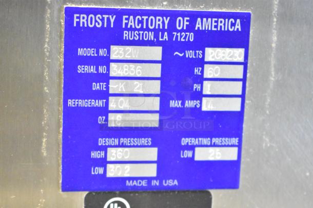 Frosty Factory 232W commercial frozen cocktail machine label. Model: 232W, 208/230 volts, 1 phase, Refrigerant: 404. Made in USA.