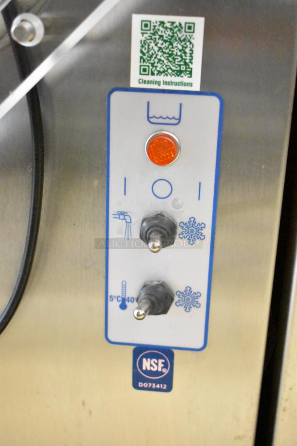 Frosty Factory 232W commercial frozen cocktail machine, control panel with QR code for cleaning instructions, NSF certified.