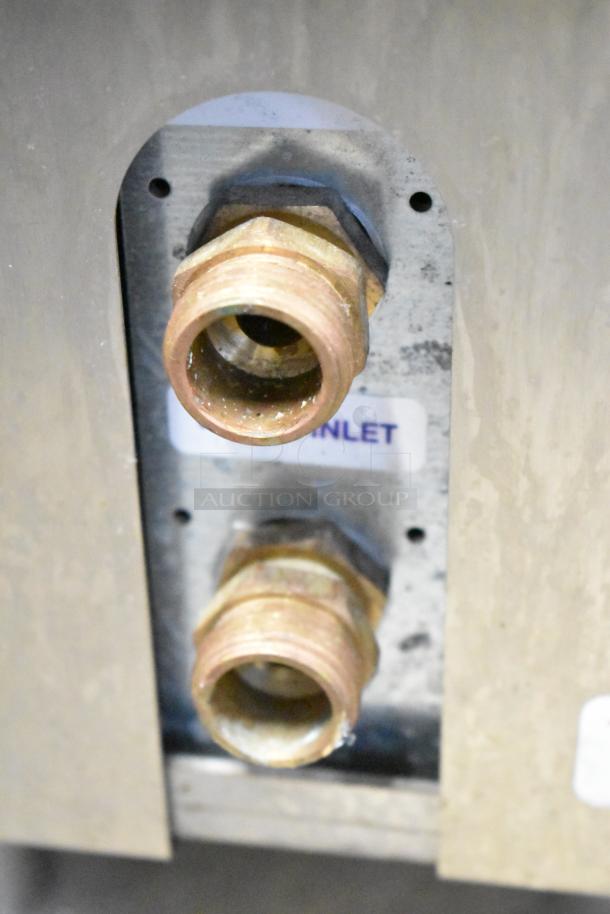 Frosty Factory 232W frozen cocktail machine inlet connections, showing brass fittings; 208/230V, 1 Phase.