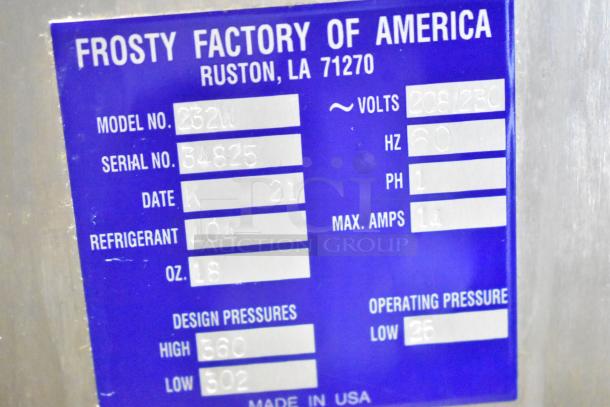 Frosty Factory 232W commercial frozen cocktail machine label. Model: 232W, Serial: 34825. Voltage: 208/230. Made in USA.