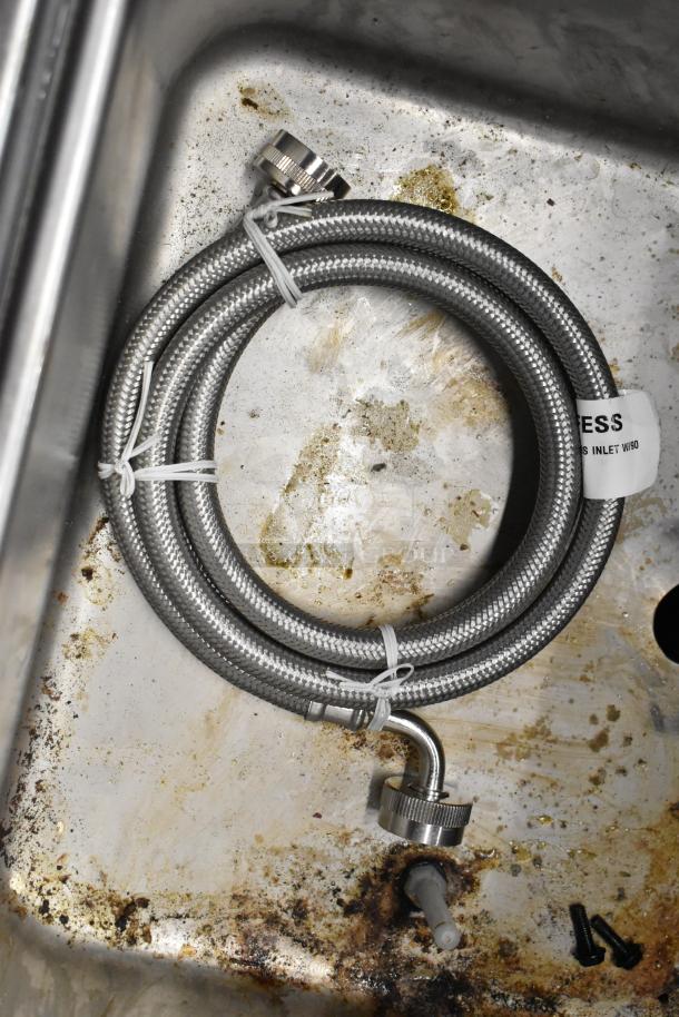 Stainless steel hose for Frosty Factory 232W frozen cocktail machine. Includes fittings, moderate wear visible.