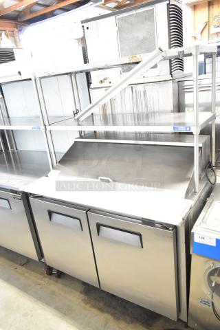 Cooltech CTR-48BMB commercial sandwich salad prep table, includes 2-tier overshelf, on casters, stainless steel, 115V.