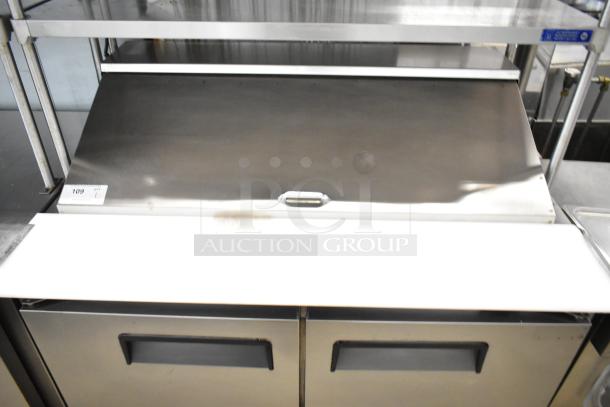 Cooltech CTR-48BMB sandwich prep table with 2-tier shelf, stainless steel, on casters, 115V, model CTR-48BMB, tag shown.