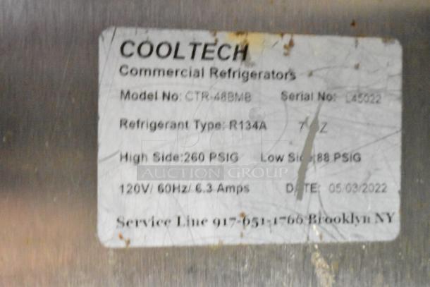 Cooltech CTR-48BMB sandwich prep table label shows model, refrigerant type R134A, pressure specifications, and service line.