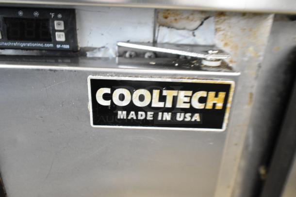 Cooltech CTR-48BMB commercial prep table nameplate. "Made in USA" label, minor wear visible.