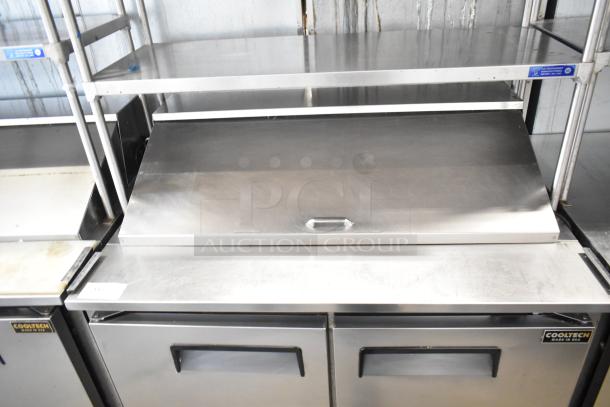 Cooltech CTR-48BMB commercial sandwich salad prep table, stainless steel, two-tier over shelf, on casters. 115 volts, 1 phase.