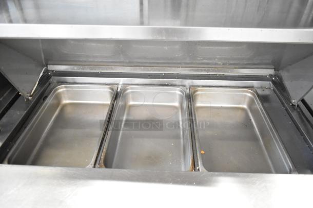 Cooltech CTR-48BMB commercial sandwich salad prep table with three stainless steel compartments and two-tier overshelf.