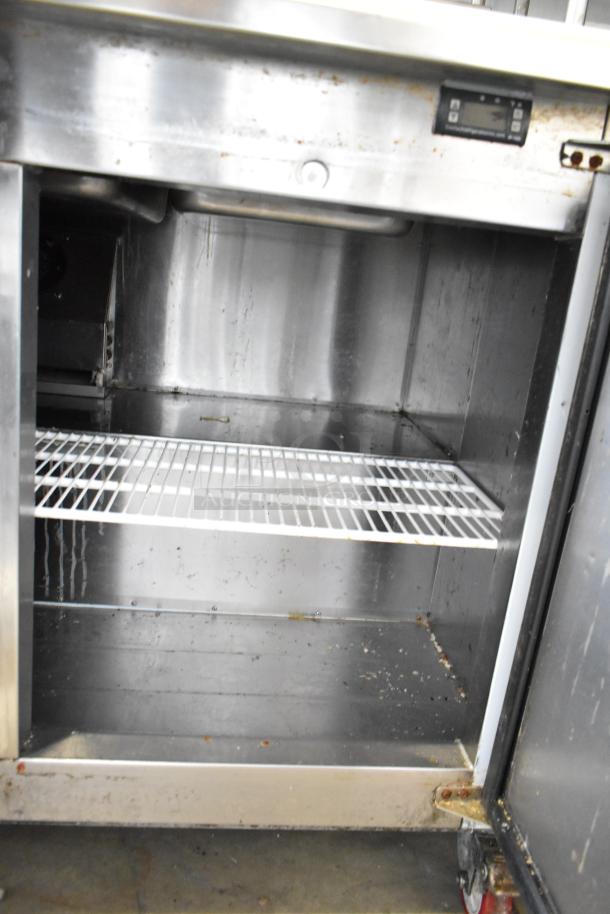 2022 Cooltech CTR-72BMB commercial prep table interior, stainless steel, with shelves and digital temperature control.