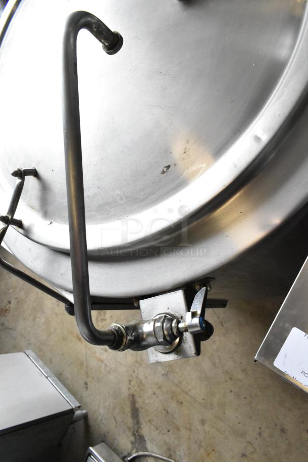 Groen EE-40 Commercial 40 Gallon Steam Kettle, stainless steel, floor style, visible lid and valve, in used condition.