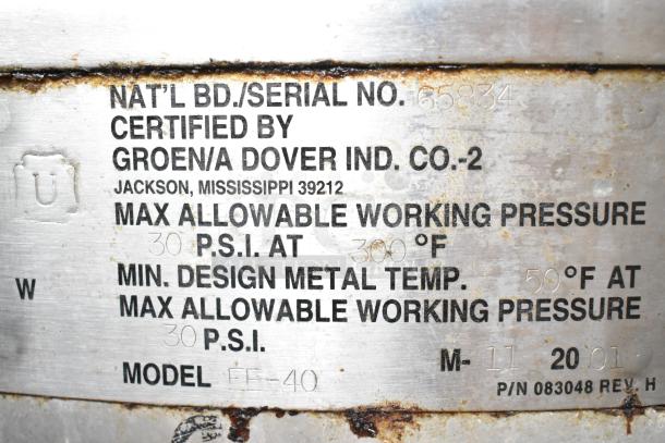 Groen EE-40 Commercial Steam Kettle, 40-gallon capacity, floor model. Certification tag details max pressure and temperature.