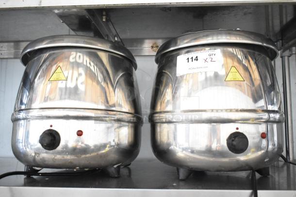Two Glenray countertop soup kettle food warmers, stainless steel, 120 volts, 1 phase, with caution hot labels and auction tag.