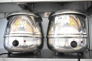 Two Glenray countertop soup kettle food warmers, stainless steel, 120 volts, 1 phase, with caution hot labels and auction tag.