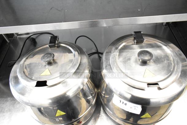 Two Glenray countertop soup kettle food warmers, stainless steel, 120 volts, 1 phase, includes lids, excellent condition.