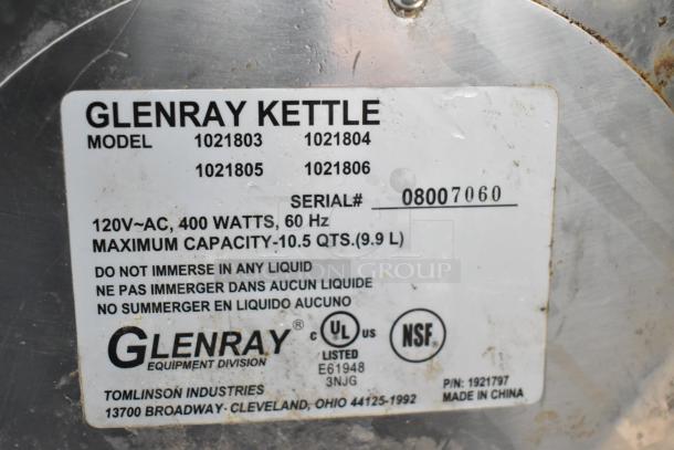 2 Glenray countertop soup kettle food warmers, 120V, 400W, 10.5 qt capacity, serial# 08007060, UL and NSF listed.