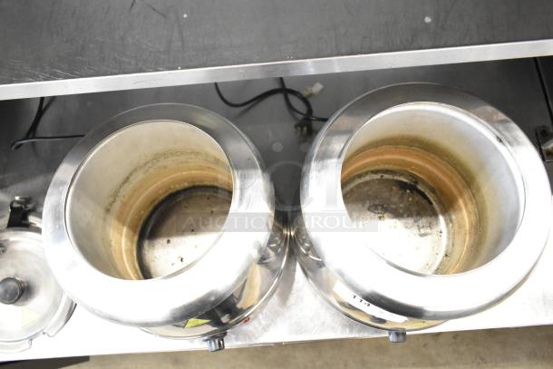 2 Glenray countertop soup kettle food warmers, 120 volts, stainless steel, used condition, visible wear and power cords.