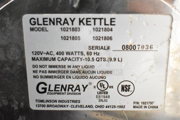 Glenray countertop soup kettle label showing model numbers 1021803 to 1021806, 120V, 400W, 10.5 qt capacity.