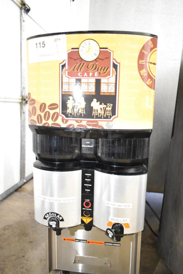 Bunn LCA-2 Commercial Liquid Coffee Dispenser, dual faucet, "All Day Café" graphics, 120V, 1-phase, good condition.