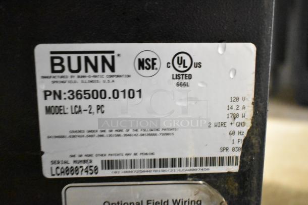 Bunn LCA-2 commercial coffee dispenser label showing model, voltage, and NSF, UL certifications. Serial: LCA0007450.