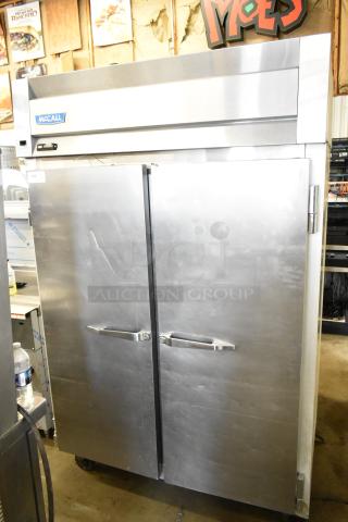 McCall 4-4045 commercial 2-door reach-in cooler, stainless steel, 115V, 1 phase, visible brand logo, used condition.
