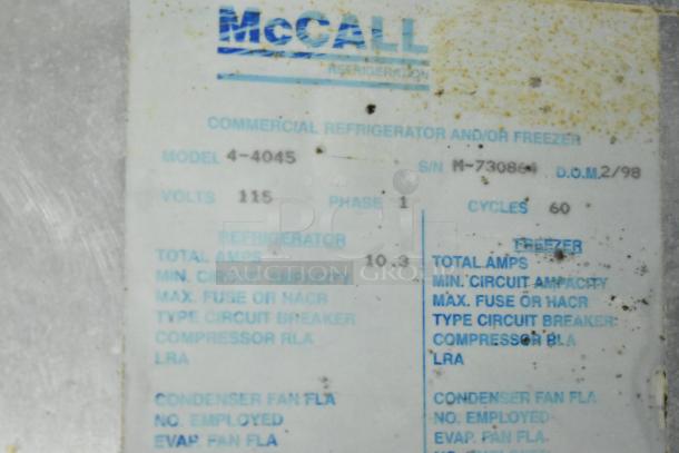 Label of McCall 4-4045 Commercial Cooler, showing specs: 115 volts, 1 phase, model number, and serial number.