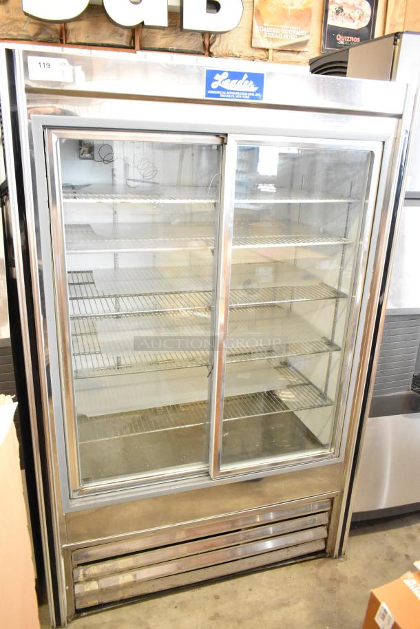 Leader 2 Door Reach In Cooler Merchandiser, glass doors, shelves, stainless steel, 115V, 1-phase, commercial use.