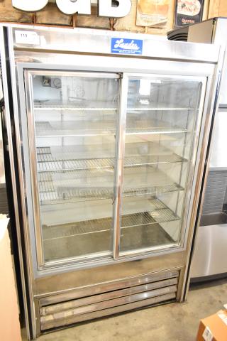 Leader 2 Door Reach In Cooler Merchandiser, glass doors, shelves, stainless steel, 115V, 1-phase, commercial use.