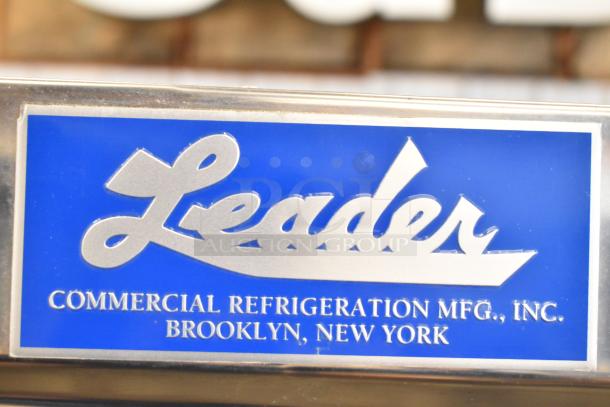 Leader Commercial 2 Door Reach In Cooler Merchandiser label, showing brand and manufacturing details.