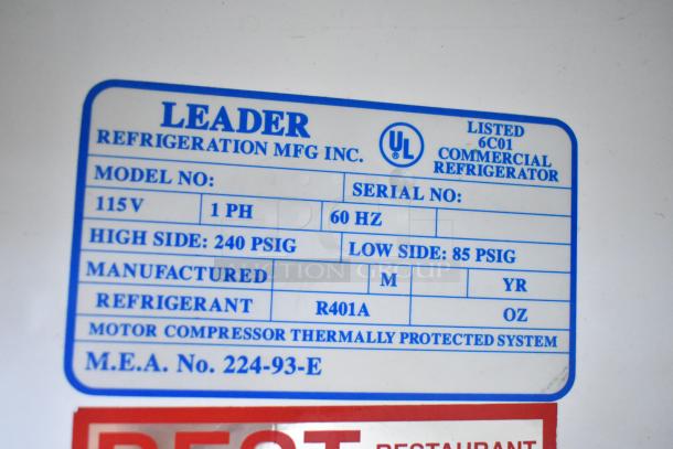 Leader Commercial 2 Door Reach-In Cooler Merchandiser label, detailing 115V, 1 phase, UL listed, R401A refrigerant.