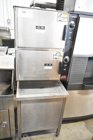 Groen HyPer Steam commercial floor-style 2 deck steam cabinet in stainless steel, excellent condition, with control knobs and caution labels.