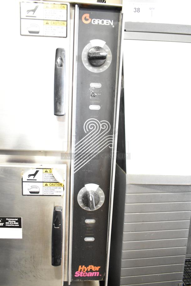 Groen HyPer Steam 2 Deck Steam Cabinet, commercial floor style. Features control dials and caution labels, good condition.