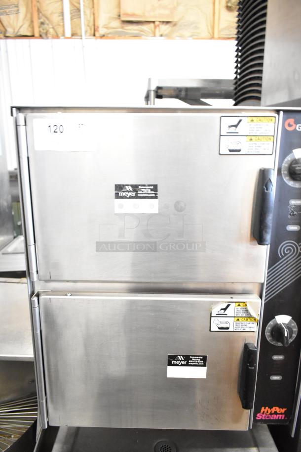 "Groen HyPer Steam commercial floor style 2 deck steam cabinet, stainless steel, dual door, caution labels visible."