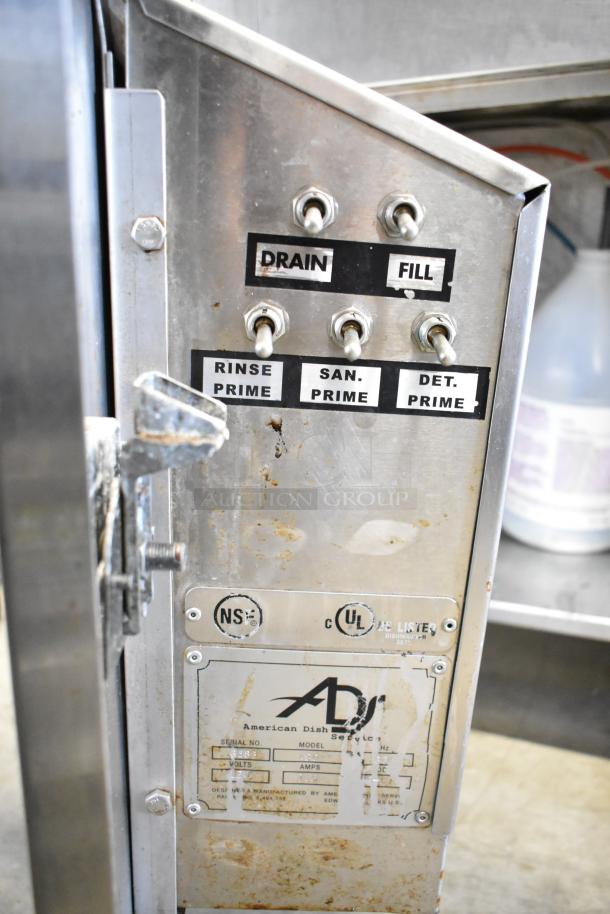 American Dish Service ADS ASQ undercounter glass washer, stainless steel, 120V, 1 Phase, with control switches and NSF label.