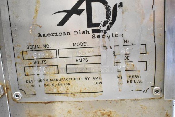 American Dish Service ADS ASQ glass washer label, 120 volts, 7.5 amps, model ASQ, serial 6583, visible wear.